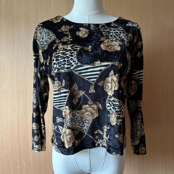 vtg y2k Velvet top with animal prints‎ and roses aop - Picture 1 of 7